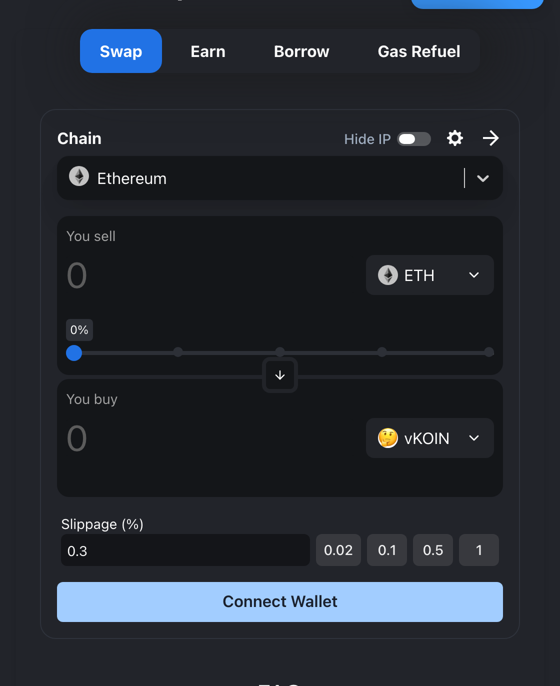 DeFiLlama with Ethereum selected, ETH to sell and vKOIN to buy.