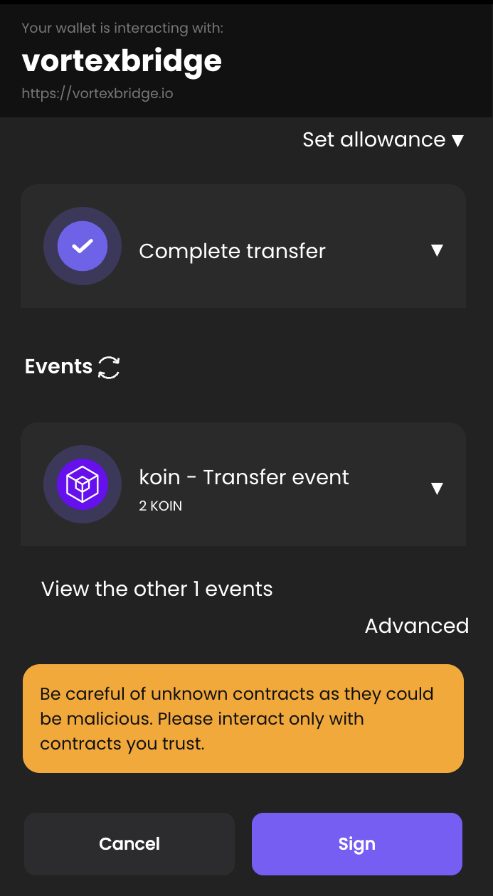 Kondor 1.3's signing pop-up for the redeem: the site vortexbridge.io, the operation Complete transfer, a koin Transfer event of 2 KOIN, an Advanced link, a warning about unknown contracts, and Cancel and Sign buttons.
