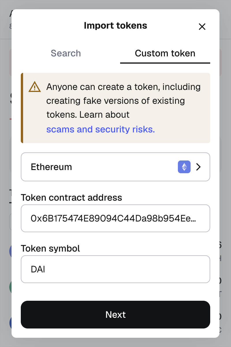 The MetaMask Import tokens dialog on the Custom token tab, with a warning that anyone can create a fake version of an existing token.