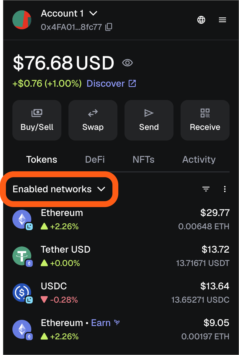 The MetaMask extension window with the network selector open.
