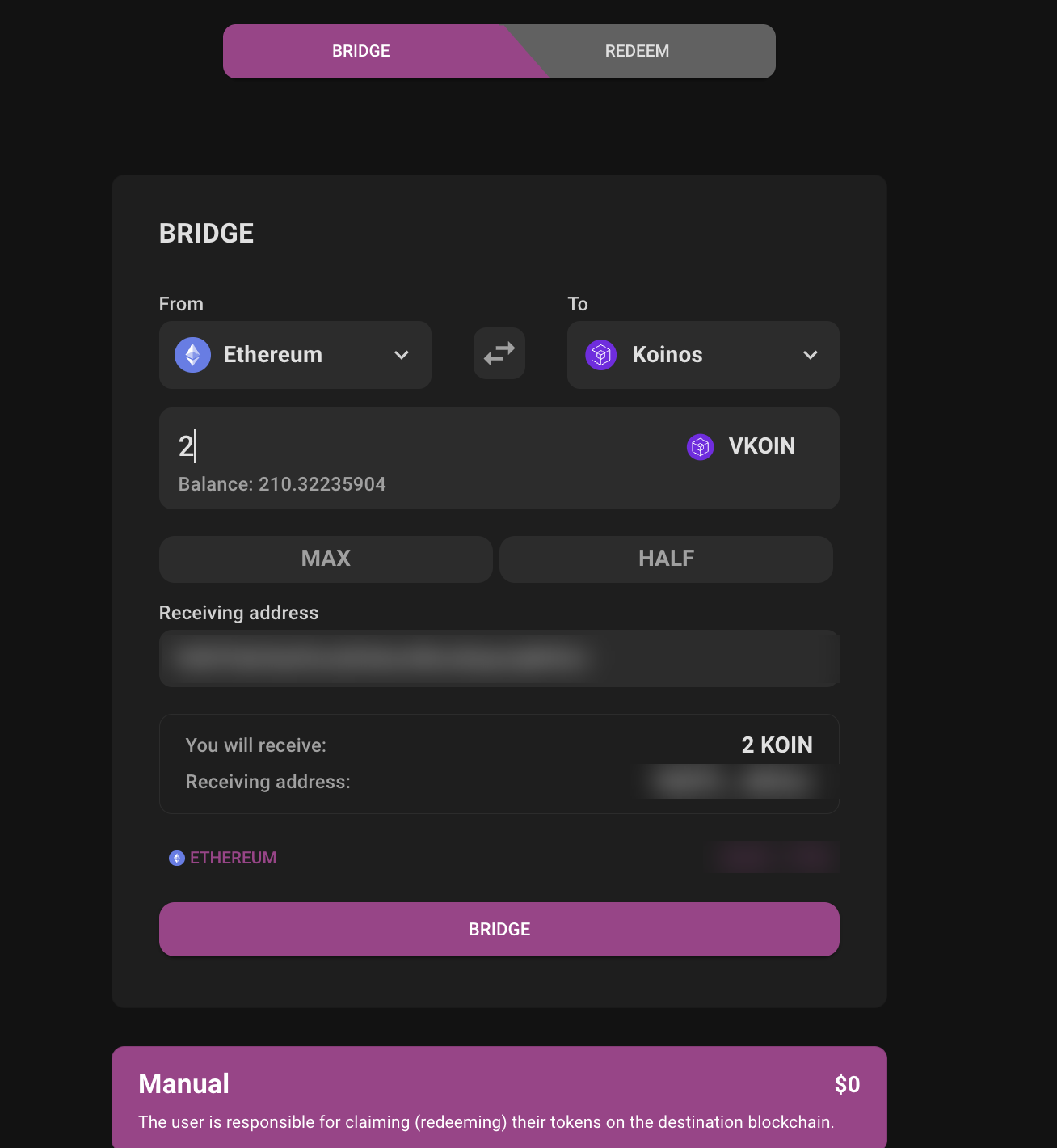 The Vortex bridge form filled in: From Ethereum, To Koinos, 2 vKOIN, a receiving address (blurred), and the summary You will receive 2 KOIN above the Bridge button.