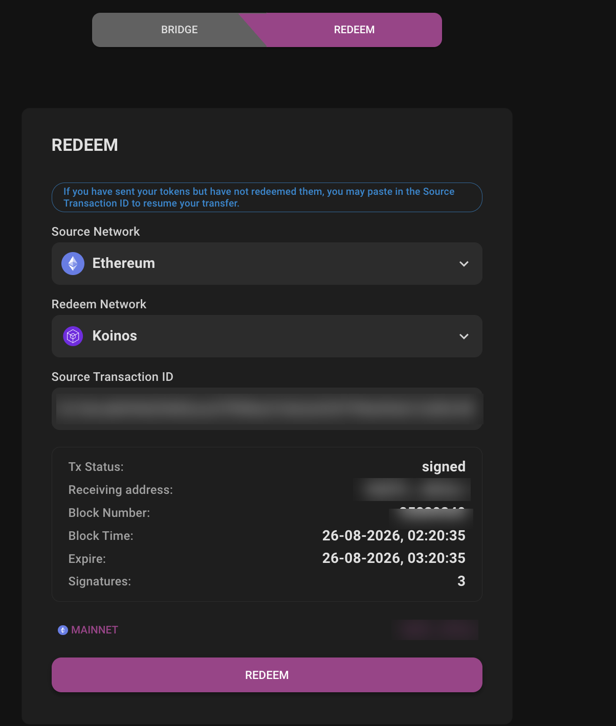 The Vortex Redeem tab showing source network Ethereum, redeem network Koinos, the source transaction ID (blurred), a status box with Tx Status signed, block time, expiry and three signatures, and a Redeem button.